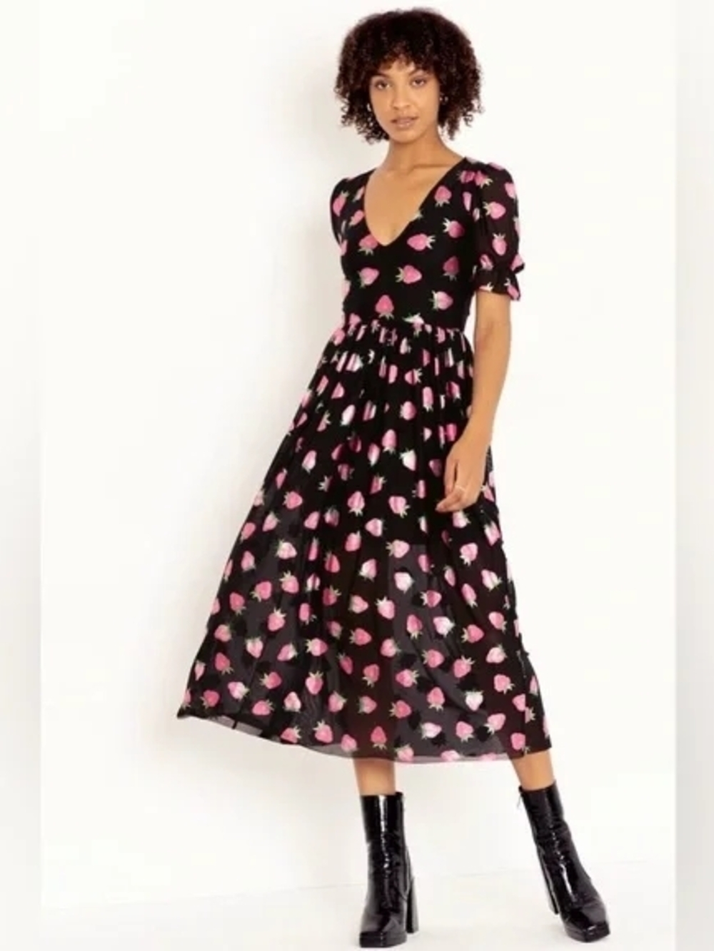 Black Midi Dress with Pink Floral Print